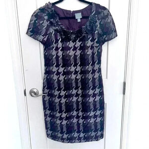 RABBIT RABBIT RABBIT purple grey black plaid fringe tweed knee length dress 10